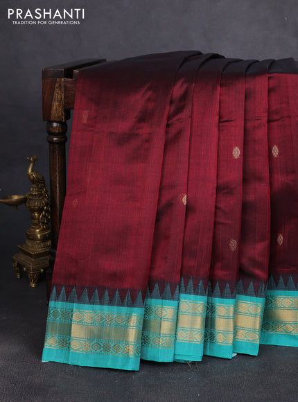Silk cotton saree maroon and teal green with zari woven buttas and temple design zari woven korvai border