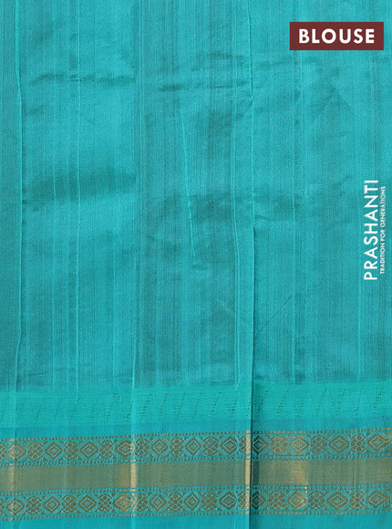 Silk cotton saree maroon and teal green with zari woven buttas and temple design zari woven korvai border