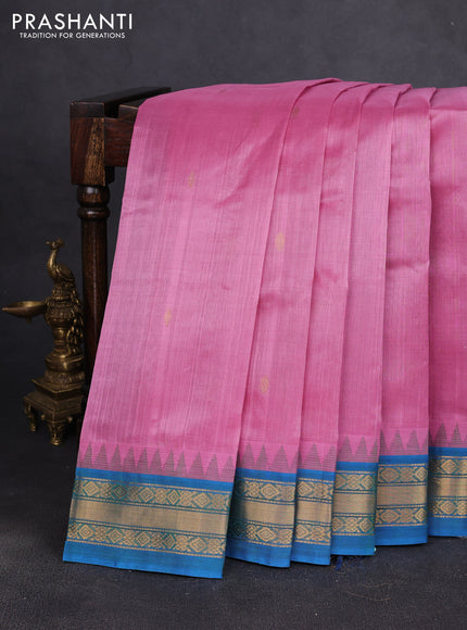 Silk cotton saree light pink and cs blue with zari woven buttas and temple design zari woven korvai border