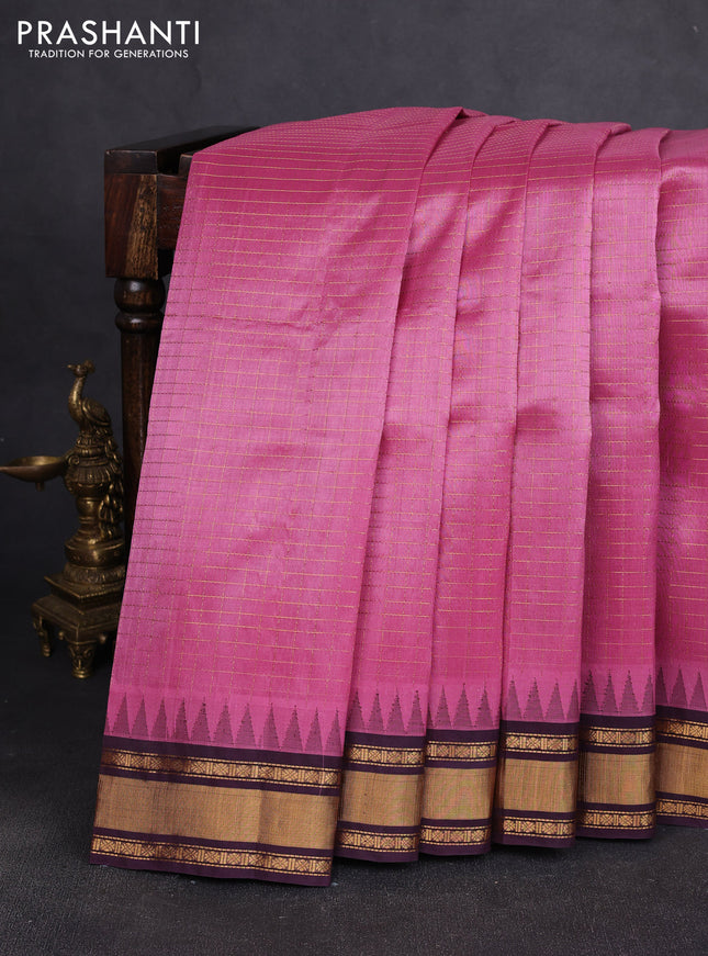 Silk cotton saree mauve pink and wine shade with allover zari woven checked pattern and temple design zari woven korvai border