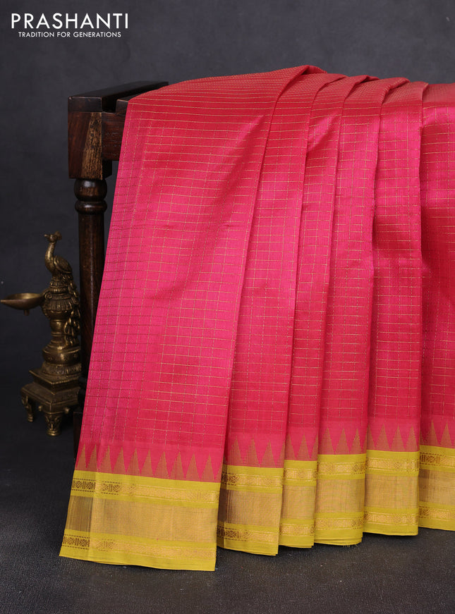 Silk cotton saree pink and lime yellow with allover zari woven checked pattern and temple design zari woven korvai border