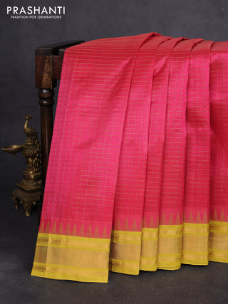Silk cotton saree pink and lime yellow with allover zari woven checked pattern and temple design zari woven korvai border