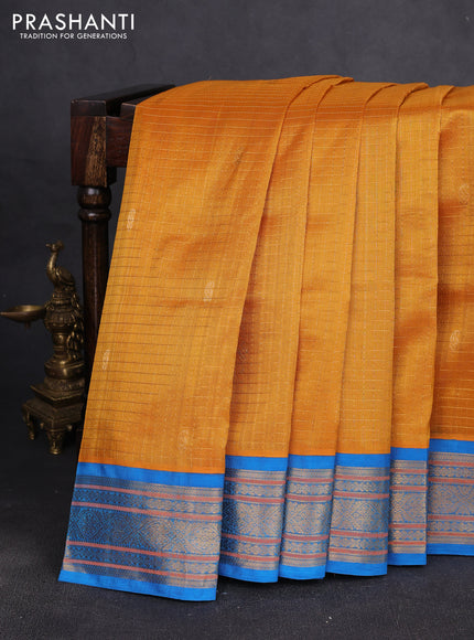 Silk cotton saree mango yellow and cs blue with allover zari checks & buttas and zari woven korvai border