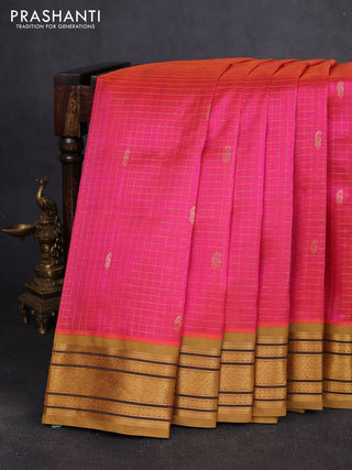 Silk cotton saree dual shade of candy pink and dark ustard with allover zari checks & buttas and zari woven korvai border