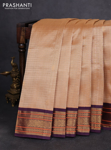 Silk cotton saree sandal and wine shade with allover zari checks & buttas and zari woven korvai border