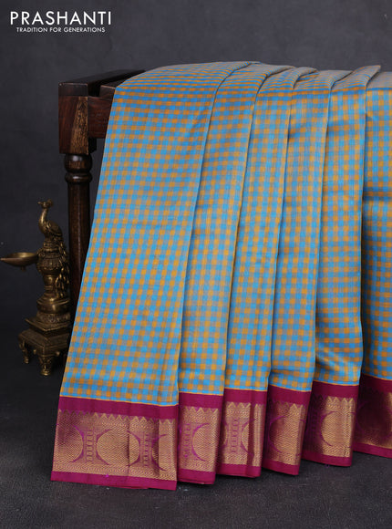 Silk cotton saree blue yellow and purple with allover small checked pattern and rudhraksha zari woven korvai border