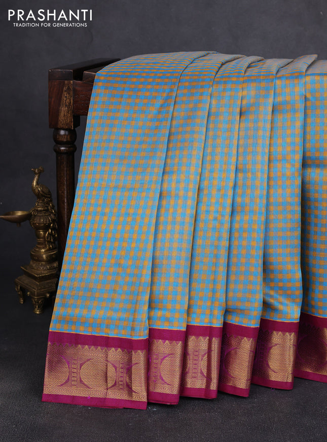 Silk cotton saree blue yellow and purple with allover small checked pattern and rudhraksha zari woven korvai border