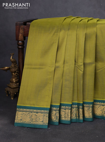 Silk cotton saree mehendi green and green with plain body and zari woven korvai border