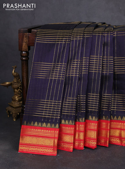Silk cotton saree navy blue and red with allover zari woven checked pattern and zari woven korvai border