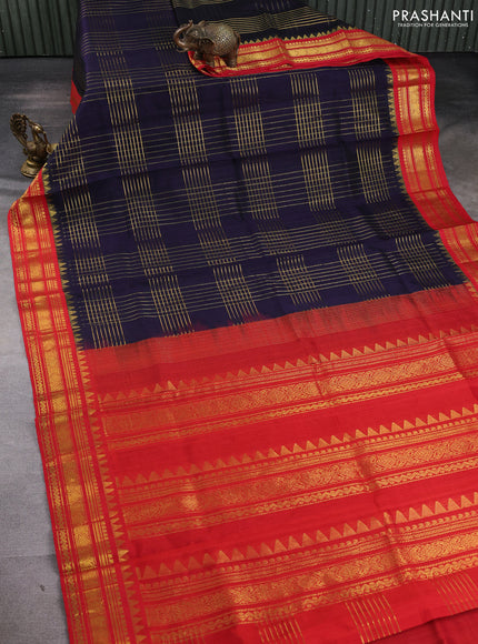 Silk cotton saree navy blue and red with allover zari woven checked pattern and zari woven korvai border