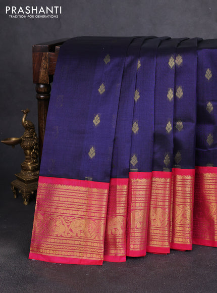 Silk cotton saree navy blue and pink with zari woven buttas and long zari woven korvai border