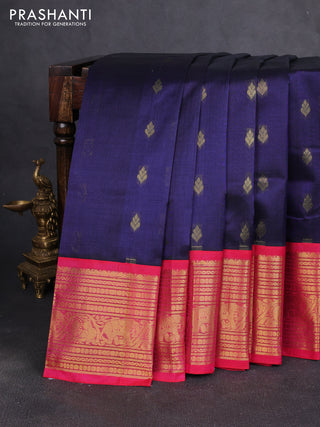 Silk cotton saree navy blue and pink with zari woven buttas and long zari woven korvai border