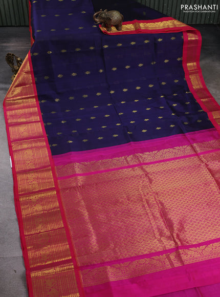 Silk cotton saree navy blue and pink with zari woven buttas and long zari woven korvai border