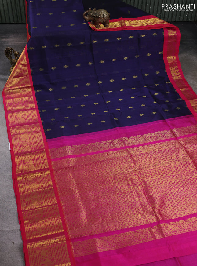 Silk cotton saree navy blue and pink with zari woven buttas and long zari woven korvai border
