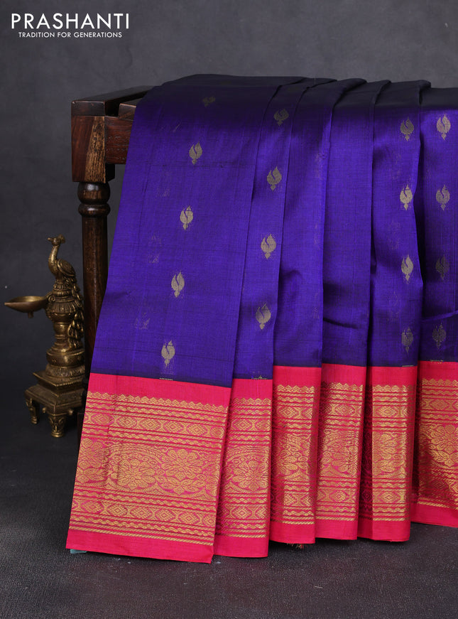 Silk cotton saree blue and pink with zari woven buttas and long zari woven korvai border