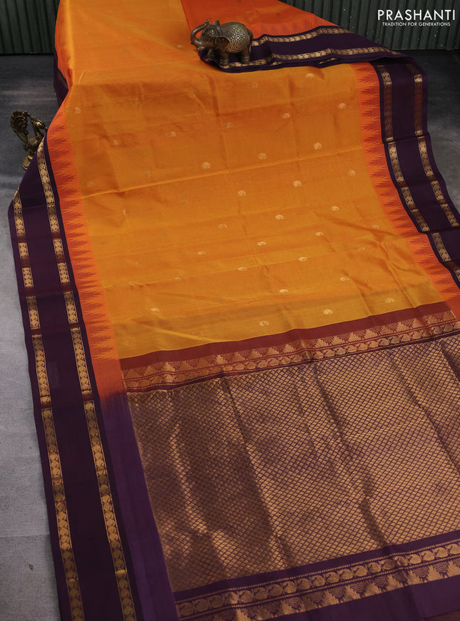 Silk cotton saree sunset orange and wine shade with paisley zari woven buttas and temple design rettapet zari woven korvai border
