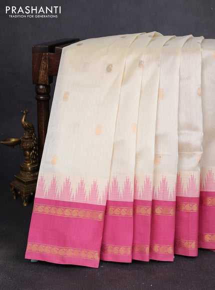 Silk cotton saree cream and light pink with paisley zari woven buttas and temple design rettapet zari woven korvai border