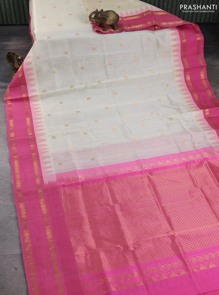 Silk cotton saree cream and light pink with paisley zari woven buttas and temple design rettapet zari woven korvai border