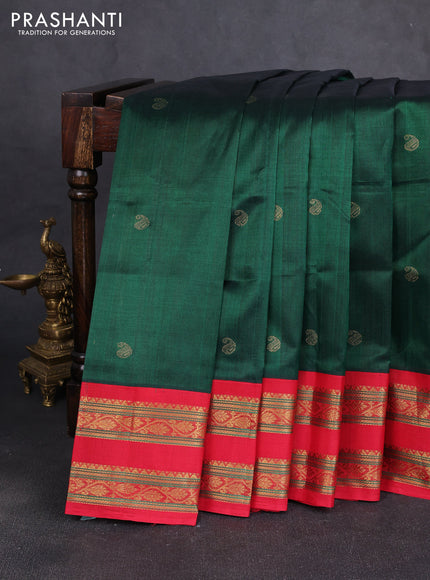 Silk cotton saree bottle green and red with paisley zari woven buttas and rettapet zari woven korvai border
