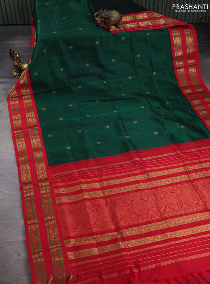 Silk cotton saree bottle green and red with paisley zari woven buttas and rettapet zari woven korvai border