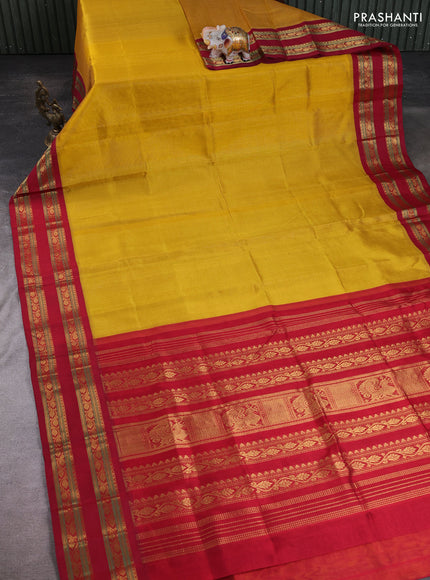 Silk cotton saree mustard yellow and maroon with allover vairaosi pattern and rettapet zari woven korvai border