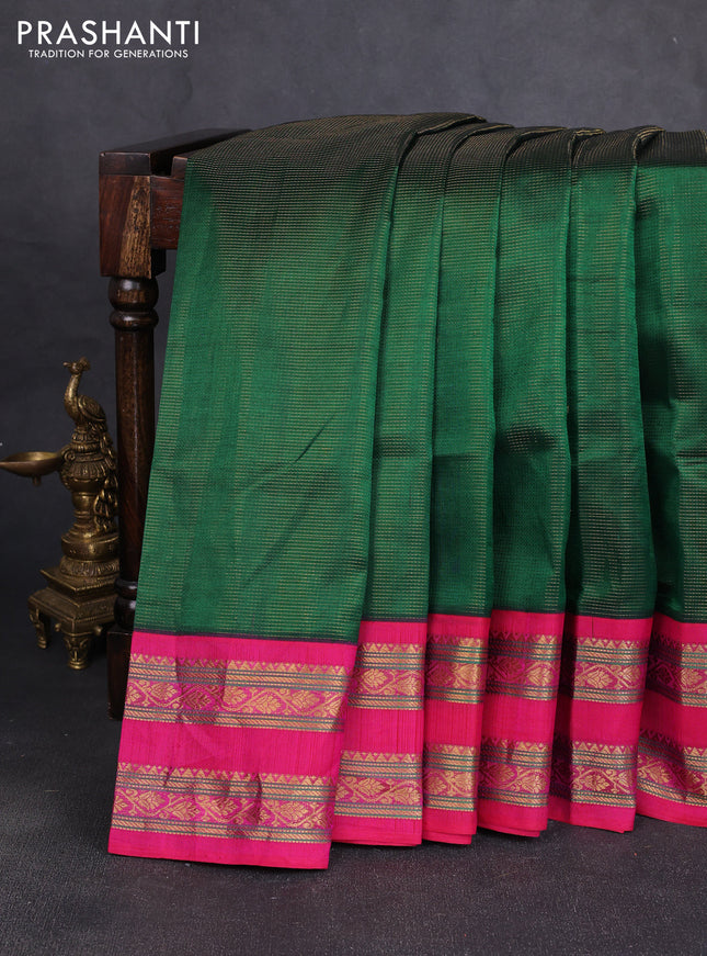 Silk cotton saree green and pink with allover vairaosi pattern and rettapet zari woven korvai border