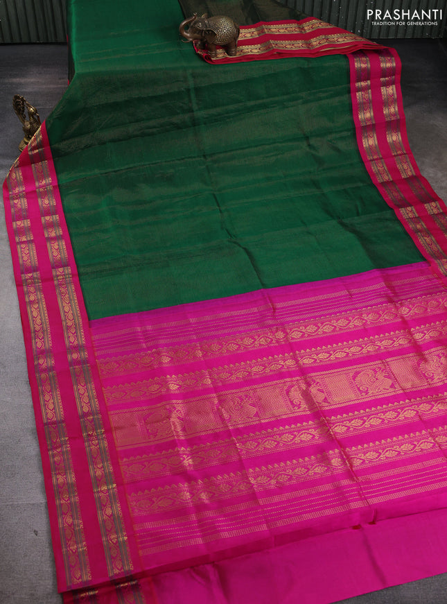 Silk cotton saree green and pink with allover vairaosi pattern and rettapet zari woven korvai border