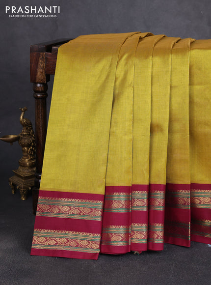 Silk cotton saree mustard green and maroon with allover vairaosi pattern and rettapet zari woven korvai border