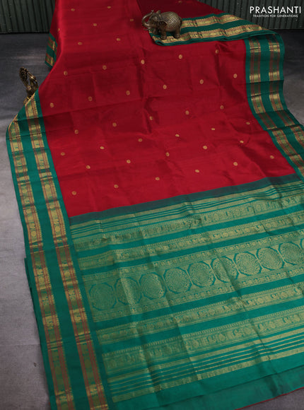 Silk cotton saree maroon and green with allover rudhraksha zari woven buttas and rettapet zari woven korvai border