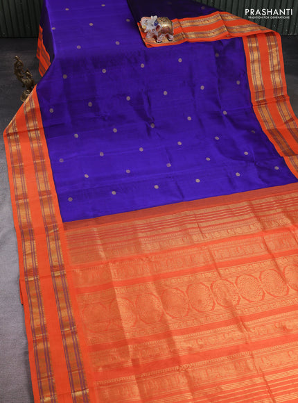 Silk cotton saree blue and orange with allover rudhraksha zari woven buttas and rettapet zari woven korvai border