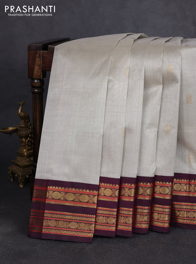 Silk cotton saree grey and wine with paisley zari woven buttas and rettapet zari woven korvai border
