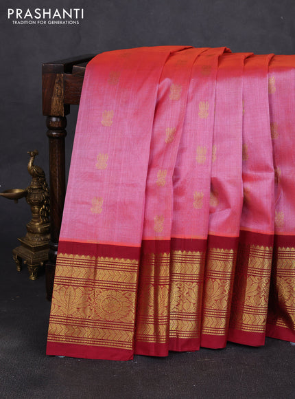 Silk cotton saree dual shade of pinkish red and maroon with allover zari woven buttas and long zari woven korvai border