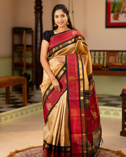 Silk cotton saree sandal and black with plain body and rettapet zari woven butta korvai border