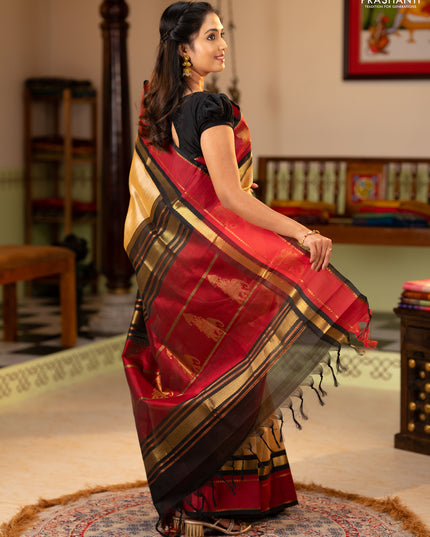 Silk cotton saree sandal and black with plain body and rettapet zari woven butta korvai border