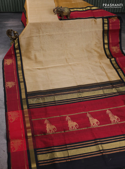 Silk cotton saree sandal and black with plain body and rettapet zari woven butta korvai border