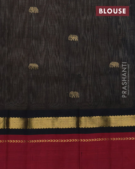 Silk cotton saree sandal and black with plain body and rettapet zari woven butta korvai border