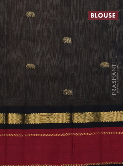 Silk cotton saree sandal and black with plain body and rettapet zari woven butta korvai border