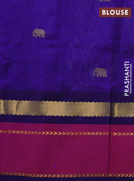 Silk cotton saree light teal blue and royal blue with plain body and rettapet zari woven butta korvai border