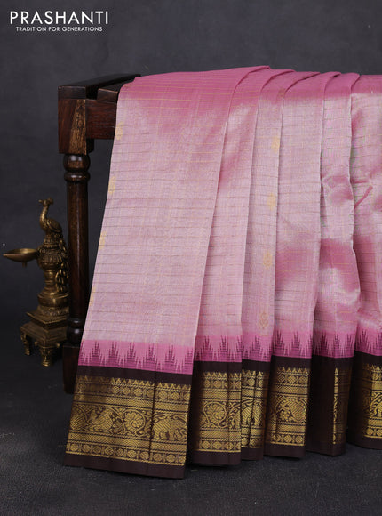 Silk cotton saree pastel pink and coffee brown with allover zari checks & buttas and temple design zari woven korvai border