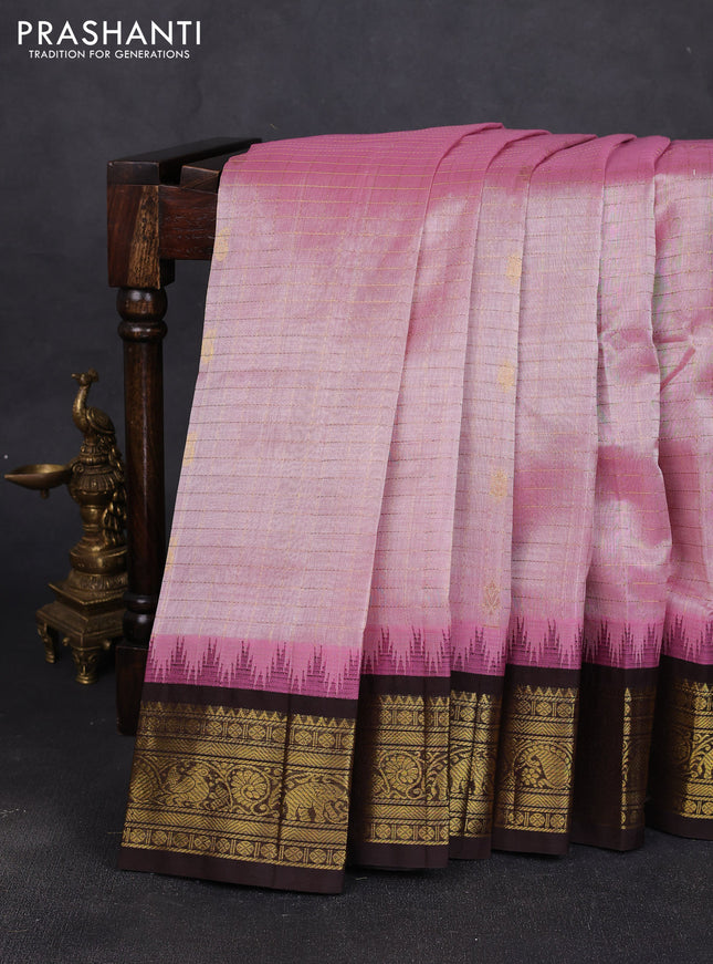 Silk cotton saree pastel pink and coffee brown with allover zari checks & buttas and temple design zari woven korvai border