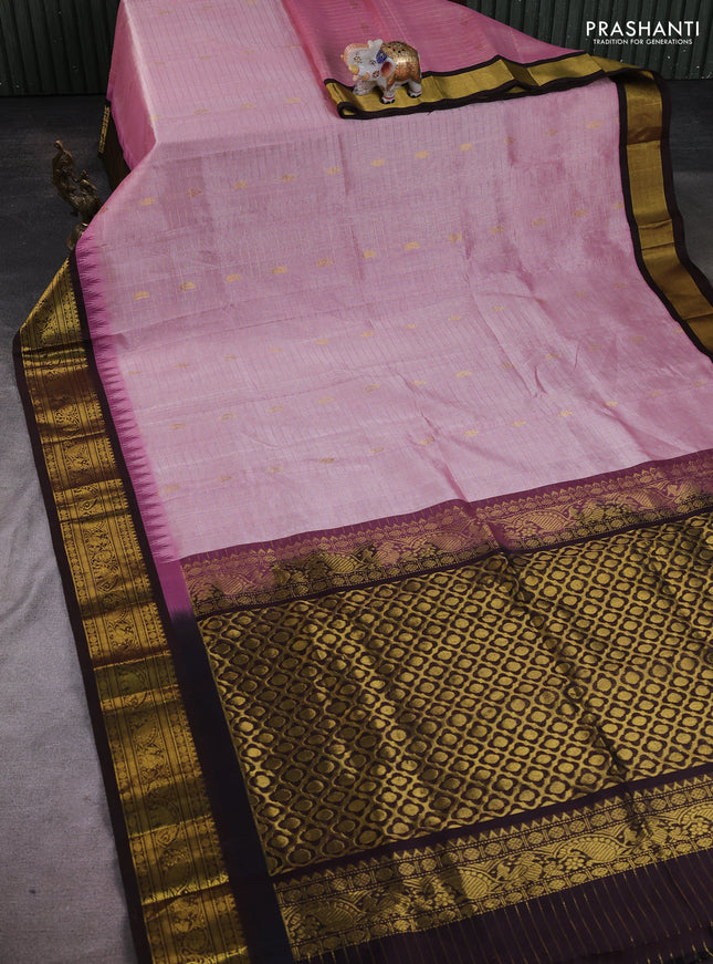 Silk cotton saree pastel pink and coffee brown with allover zari checks & buttas and temple design zari woven korvai border