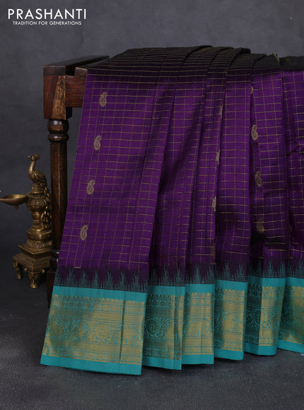 Silk cotton saree purple and pastel blue with allover zari checks & buttas and temple design zari woven korvai border