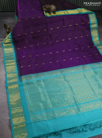 Silk cotton saree purple and pastel blue with allover zari checks & buttas and temple design zari woven korvai border