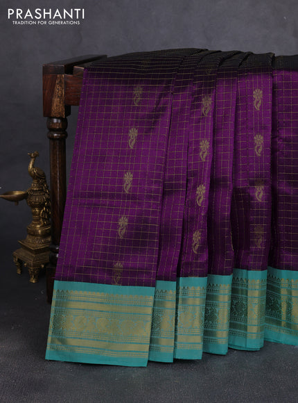 Silk cotton saree purple and teal blue with allover zari checks & buttas and zari woven korvai border