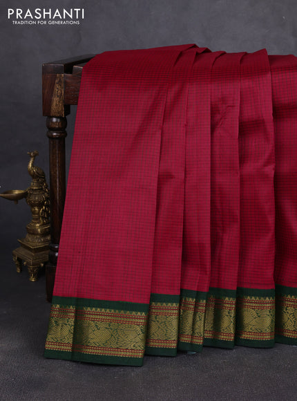 Silk cotton saree tomato pink and bottle green with allover small checked pattern and zari woven korvai border