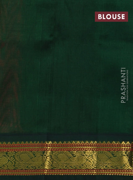 Silk cotton saree tomato pink and bottle green with allover small checked pattern and zari woven korvai border