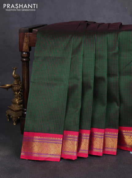 Silk cotton saree dark green and pink with allover small checked pattern and zari woven korvai border