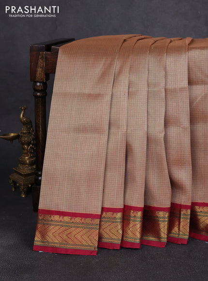 Silk cotton saree dark beige and maroon with allover small checked pattern and zari woven korvai border