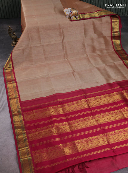 Silk cotton saree dark beige and maroon with allover small checked pattern and zari woven korvai border
