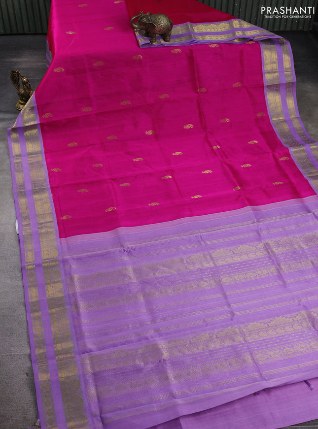 Silk cotton saree pink and lavender with allover paisley buttas and rettapet zari woven korvai border